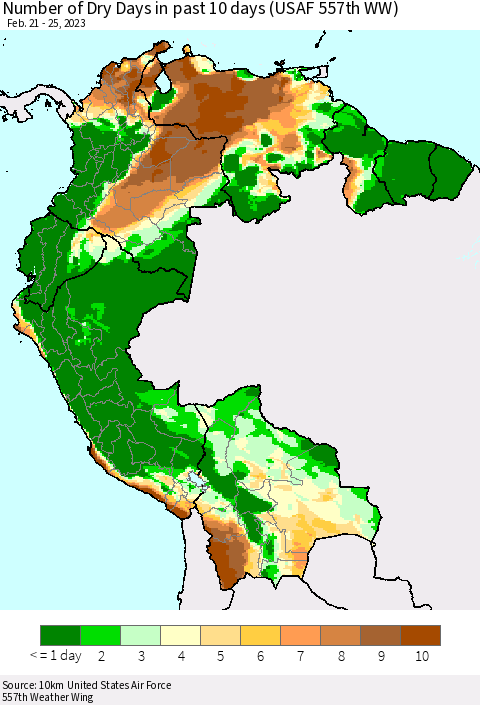 Northern South America Number of Dry Days in past 10 days (USAF 557th WW) Thematic Map For 2/21/2023 - 2/25/2023