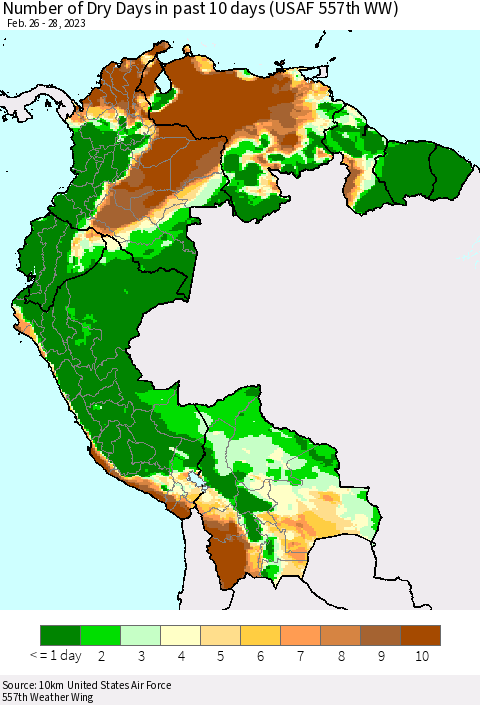 Northern South America Number of Dry Days in past 10 days (USAF 557th WW) Thematic Map For 2/26/2023 - 2/28/2023