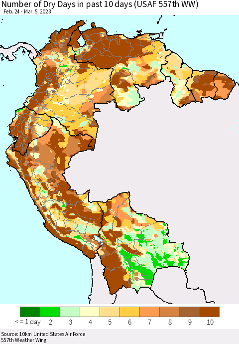 Northern South America Number of Dry Days in past 10 days (USAF 557th WW) Thematic Map For 3/1/2023 - 3/5/2023