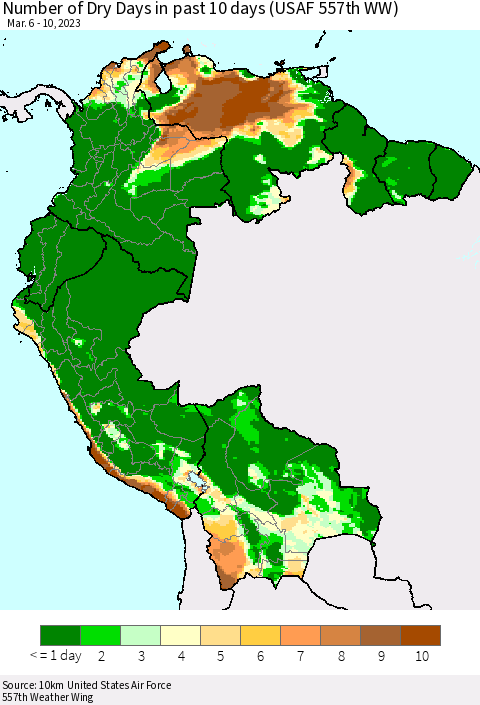 Northern South America Number of Dry Days in past 10 days (USAF 557th WW) Thematic Map For 3/6/2023 - 3/10/2023