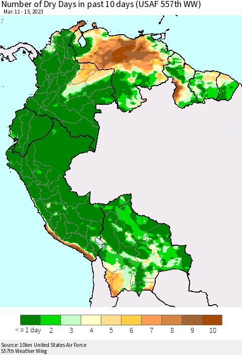 Northern South America Number of Dry Days in past 10 days (USAF 557th WW) Thematic Map For 3/11/2023 - 3/15/2023
