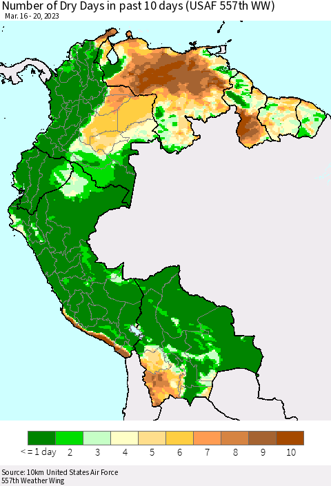 Northern South America Number of Dry Days in past 10 days (USAF 557th WW) Thematic Map For 3/16/2023 - 3/20/2023