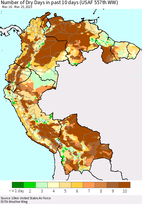 Northern South America Number of Dry Days in past 10 days (USAF 557th WW) Thematic Map For 3/21/2023 - 3/25/2023