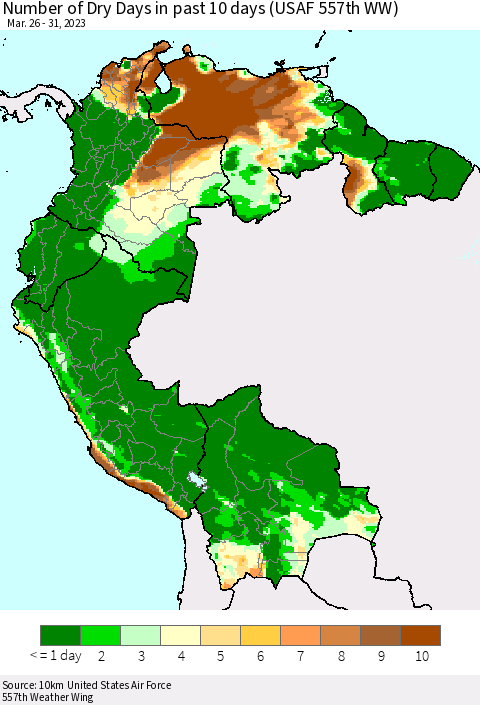 Northern South America Number of Dry Days in past 10 days (USAF 557th WW) Thematic Map For 3/26/2023 - 3/31/2023