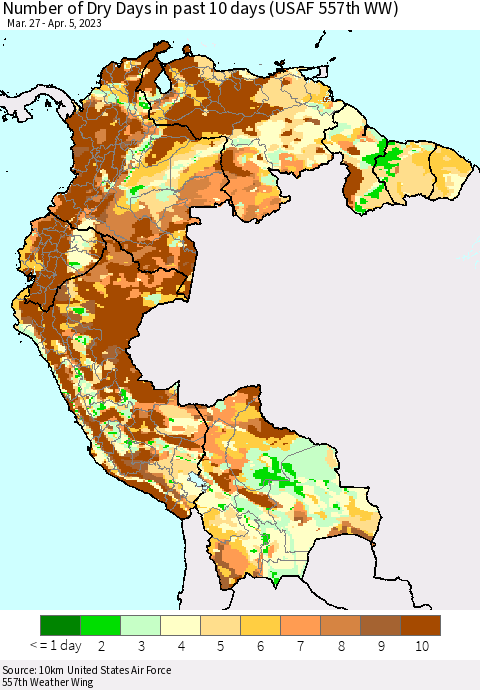 Northern South America Number of Dry Days in past 10 days (USAF 557th WW) Thematic Map For 4/1/2023 - 4/5/2023