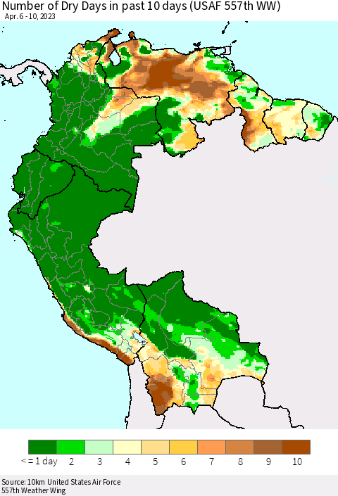 Northern South America Number of Dry Days in past 10 days (USAF 557th WW) Thematic Map For 4/6/2023 - 4/10/2023