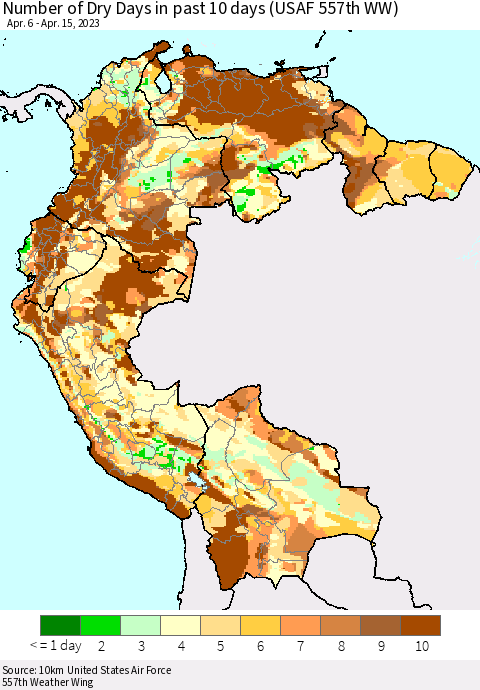 Northern South America Number of Dry Days in past 10 days (USAF 557th WW) Thematic Map For 4/11/2023 - 4/15/2023