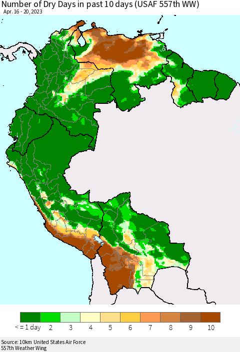 Northern South America Number of Dry Days in past 10 days (USAF 557th WW) Thematic Map For 4/16/2023 - 4/20/2023