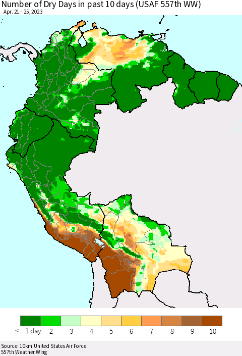Northern South America Number of Dry Days in past 10 days (USAF 557th WW) Thematic Map For 4/21/2023 - 4/25/2023