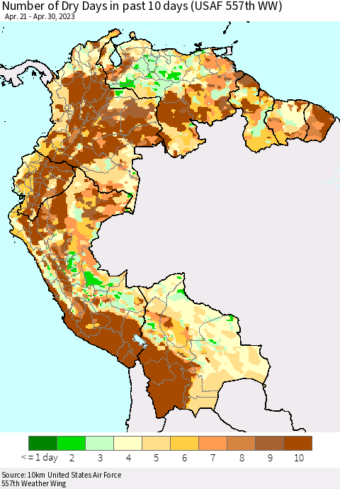 Northern South America Number of Dry Days in past 10 days (USAF 557th WW) Thematic Map For 4/26/2023 - 4/30/2023
