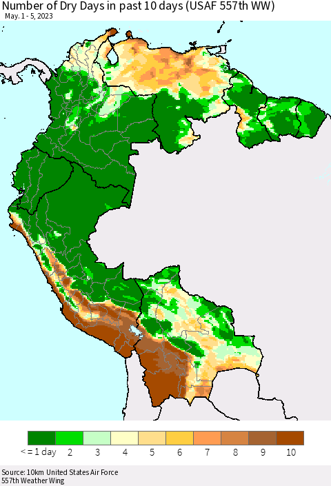 Northern South America Number of Dry Days in past 10 days (USAF 557th WW) Thematic Map For 5/1/2023 - 5/5/2023