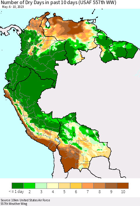 Northern South America Number of Dry Days in past 10 days (USAF 557th WW) Thematic Map For 5/6/2023 - 5/10/2023
