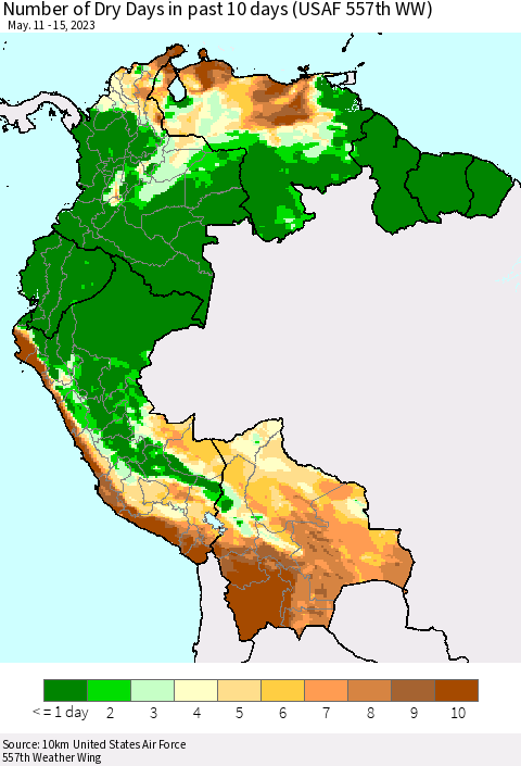 Northern South America Number of Dry Days in past 10 days (USAF 557th WW) Thematic Map For 5/11/2023 - 5/15/2023