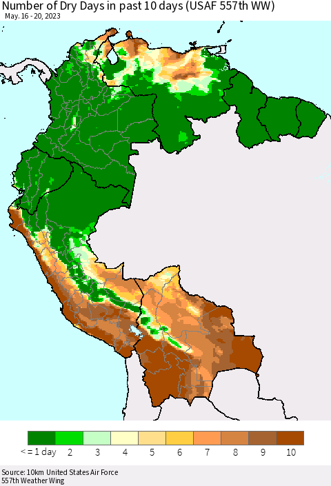 Northern South America Number of Dry Days in past 10 days (USAF 557th WW) Thematic Map For 5/16/2023 - 5/20/2023