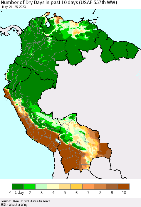 Northern South America Number of Dry Days in past 10 days (USAF 557th WW) Thematic Map For 5/21/2023 - 5/25/2023