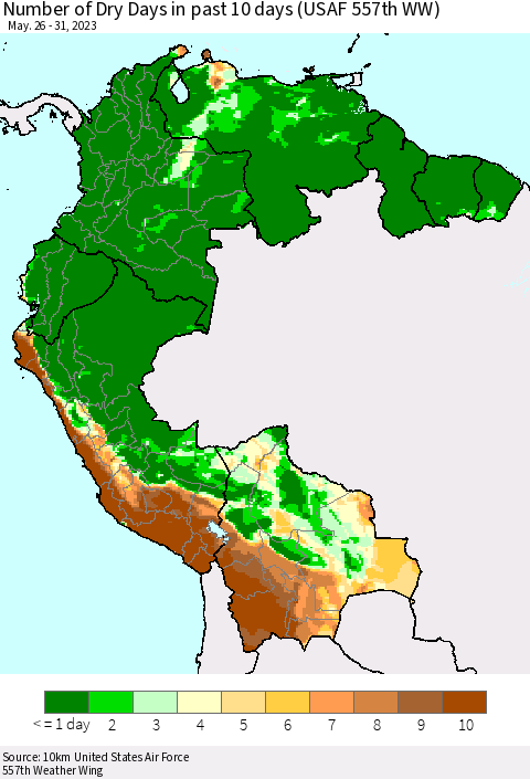 Northern South America Number of Dry Days in past 10 days (USAF 557th WW) Thematic Map For 5/26/2023 - 5/31/2023