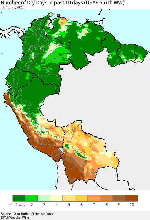 Northern South America Number of Dry Days in past 10 days (USAF 557th WW) Thematic Map For 6/1/2023 - 6/5/2023