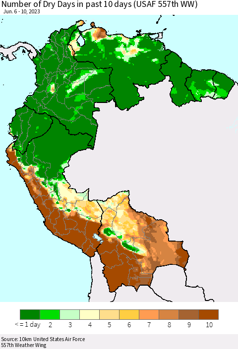 Northern South America Number of Dry Days in past 10 days (USAF 557th WW) Thematic Map For 6/6/2023 - 6/10/2023