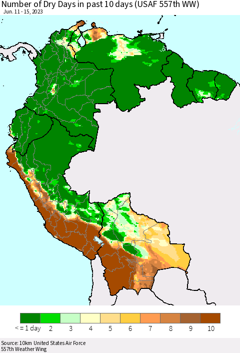 Northern South America Number of Dry Days in past 10 days (USAF 557th WW) Thematic Map For 6/11/2023 - 6/15/2023