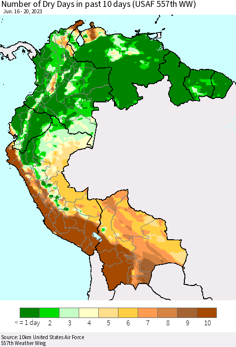 Northern South America Number of Dry Days in past 10 days (USAF 557th WW) Thematic Map For 6/16/2023 - 6/20/2023