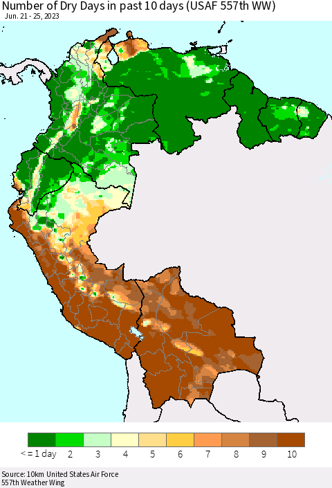 Northern South America Number of Dry Days in past 10 days (USAF 557th WW) Thematic Map For 6/21/2023 - 6/25/2023