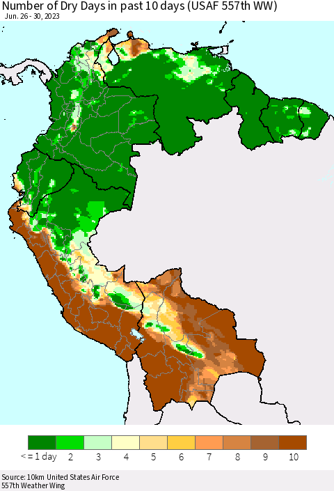 Northern South America Number of Dry Days in past 10 days (USAF 557th WW) Thematic Map For 6/26/2023 - 6/30/2023