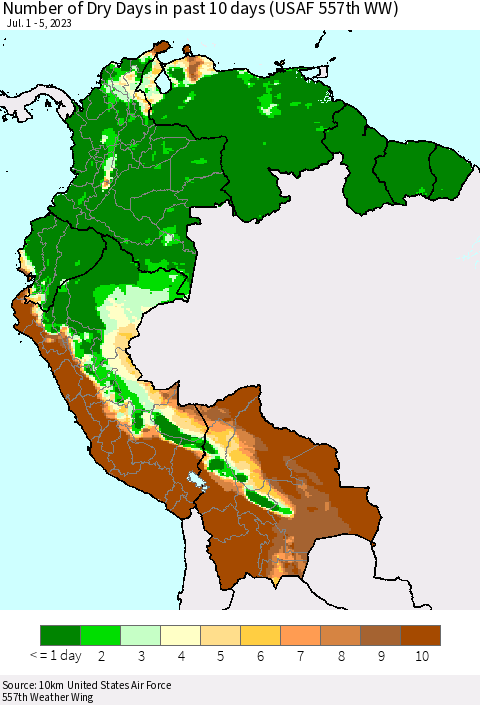 Northern South America Number of Dry Days in past 10 days (USAF 557th WW) Thematic Map For 7/1/2023 - 7/5/2023