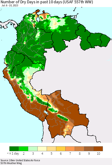 Northern South America Number of Dry Days in past 10 days (USAF 557th WW) Thematic Map For 7/6/2023 - 7/10/2023