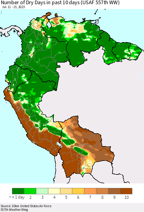 Northern South America Number of Dry Days in past 10 days (USAF 557th WW) Thematic Map For 7/11/2023 - 7/15/2023