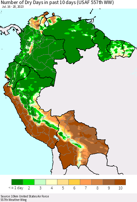 Northern South America Number of Dry Days in past 10 days (USAF 557th WW) Thematic Map For 7/16/2023 - 7/20/2023