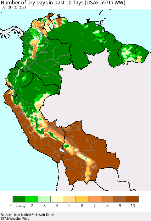 Northern South America Number of Dry Days in past 10 days (USAF 557th WW) Thematic Map For 7/21/2023 - 7/25/2023