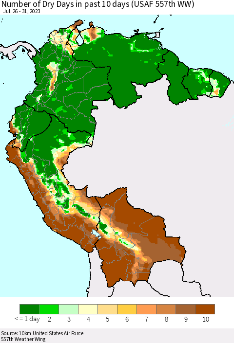 Northern South America Number of Dry Days in past 10 days (USAF 557th WW) Thematic Map For 7/26/2023 - 7/31/2023