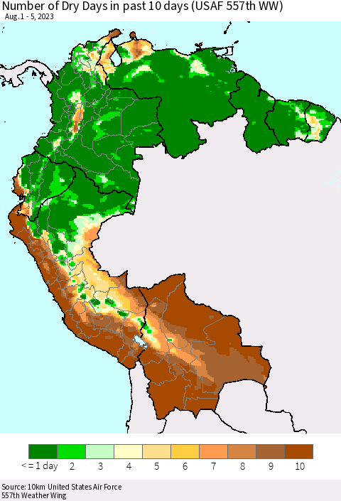 Northern South America Number of Dry Days in past 10 days (USAF 557th WW) Thematic Map For 8/1/2023 - 8/5/2023