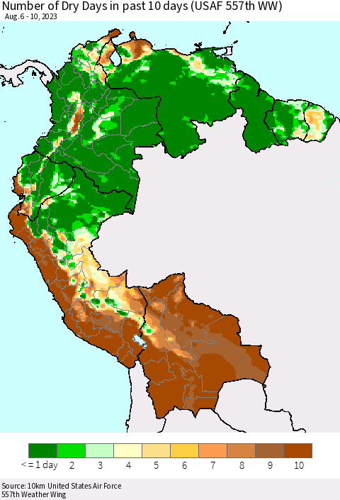 Northern South America Number of Dry Days in past 10 days (USAF 557th WW) Thematic Map For 8/6/2023 - 8/10/2023