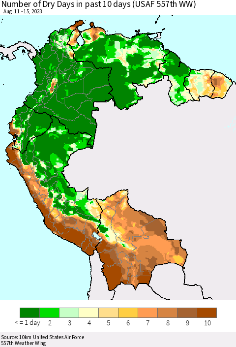 Northern South America Number of Dry Days in past 10 days (USAF 557th WW) Thematic Map For 8/11/2023 - 8/15/2023