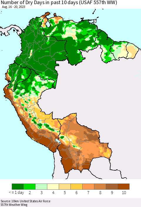 Northern South America Number of Dry Days in past 10 days (USAF 557th WW) Thematic Map For 8/16/2023 - 8/20/2023