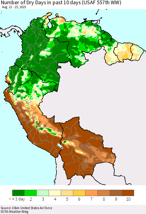 Northern South America Number of Dry Days in past 10 days (USAF 557th WW) Thematic Map For 8/21/2023 - 8/25/2023