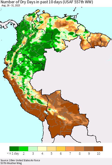 Northern South America Number of Dry Days in past 10 days (USAF 557th WW) Thematic Map For 8/26/2023 - 8/31/2023