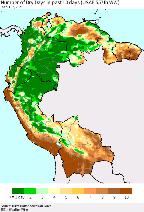 Northern South America Number of Dry Days in past 10 days (USAF 557th WW) Thematic Map For 9/1/2023 - 9/5/2023