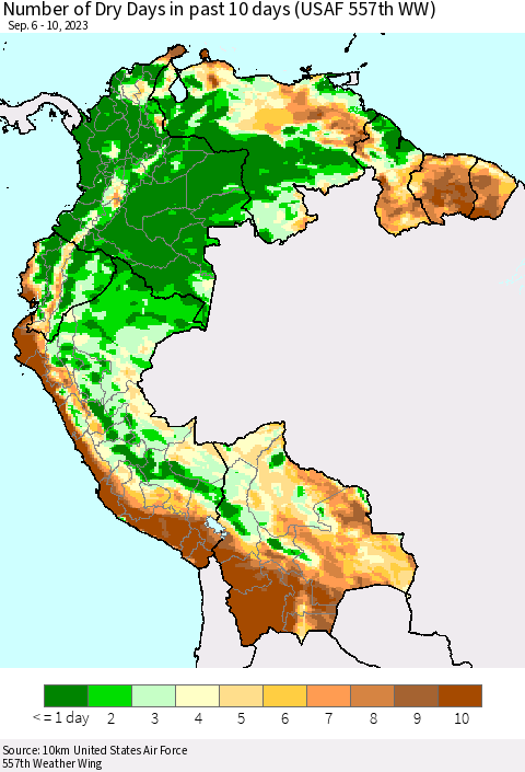 Northern South America Number of Dry Days in past 10 days (USAF 557th WW) Thematic Map For 9/6/2023 - 9/10/2023