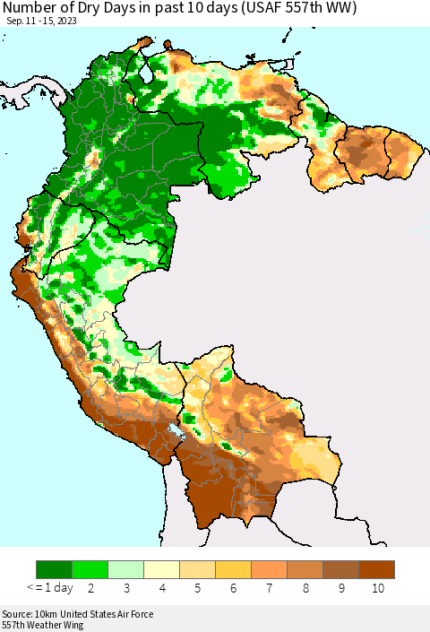 Northern South America Number of Dry Days in past 10 days (USAF 557th WW) Thematic Map For 9/11/2023 - 9/15/2023