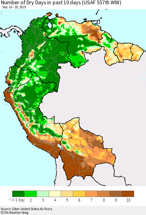 Northern South America Number of Dry Days in past 10 days (USAF 557th WW) Thematic Map For 9/16/2023 - 9/20/2023