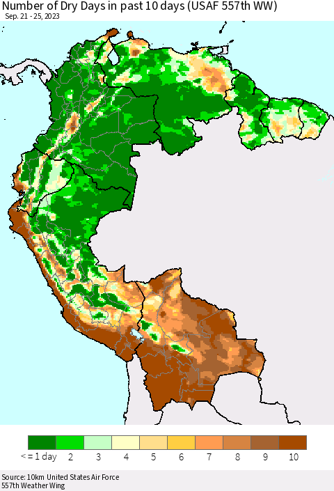 Northern South America Number of Dry Days in past 10 days (USAF 557th WW) Thematic Map For 9/21/2023 - 9/25/2023