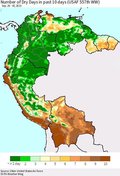 Northern South America Number of Dry Days in past 10 days (USAF 557th WW) Thematic Map For 9/26/2023 - 9/30/2023