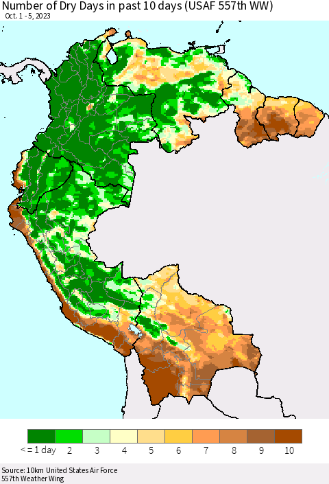Northern South America Number of Dry Days in past 10 days (USAF 557th WW) Thematic Map For 10/1/2023 - 10/5/2023