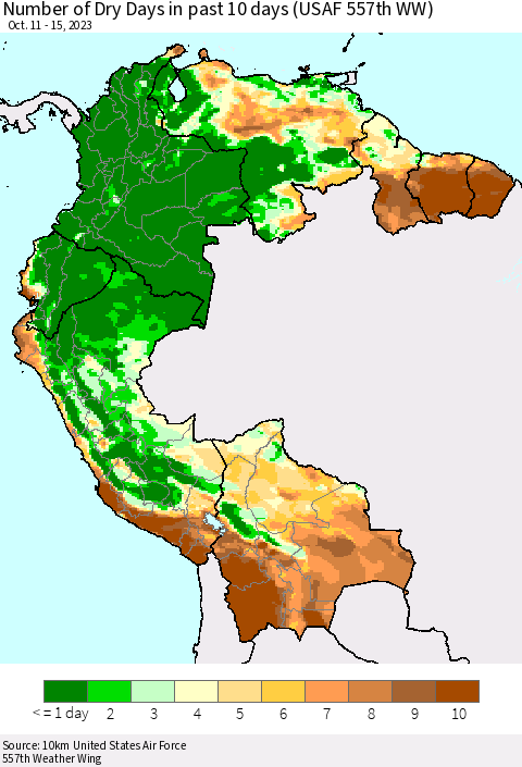 Northern South America Number of Dry Days in past 10 days (USAF 557th WW) Thematic Map For 10/11/2023 - 10/15/2023