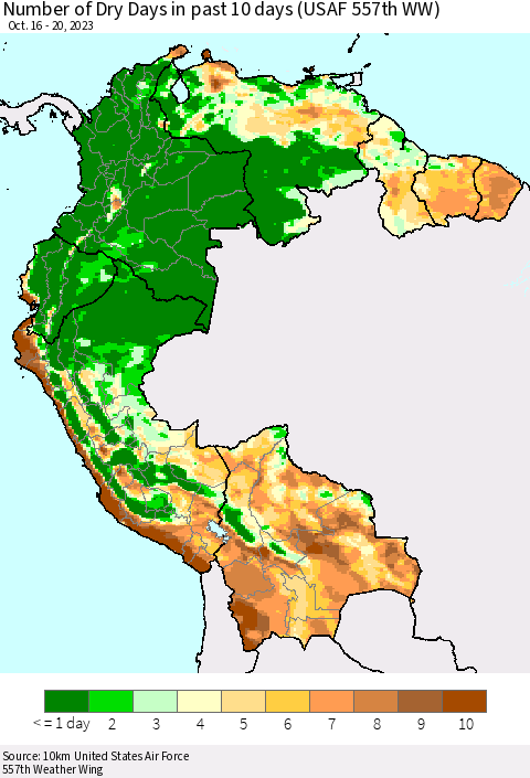 Northern South America Number of Dry Days in past 10 days (USAF 557th WW) Thematic Map For 10/16/2023 - 10/20/2023