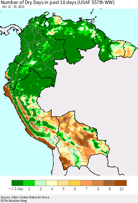Northern South America Number of Dry Days in past 10 days (USAF 557th WW) Thematic Map For 10/21/2023 - 10/25/2023