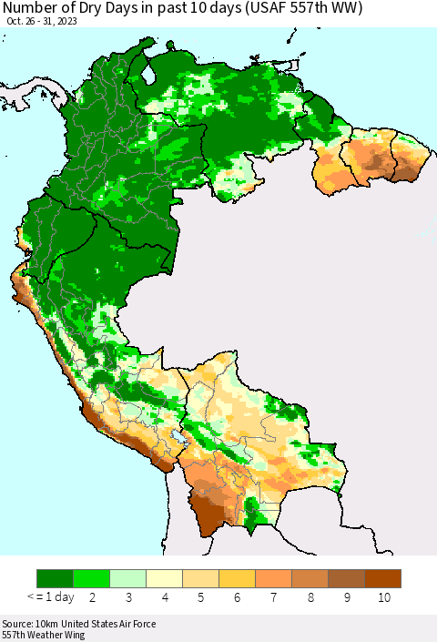 Northern South America Number of Dry Days in past 10 days (USAF 557th WW) Thematic Map For 10/26/2023 - 10/31/2023