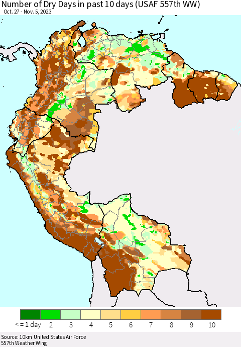 Northern South America Number of Dry Days in past 10 days (USAF 557th WW) Thematic Map For 11/1/2023 - 11/5/2023